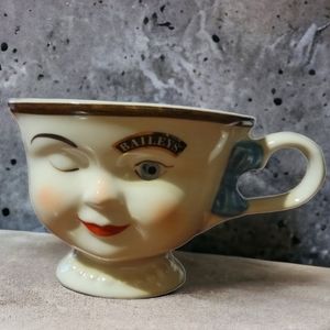 Vtg Bailey's Irish Cream Coffee Mug  Porcelain Tea Cup YUM Winking Eye Blue Bow